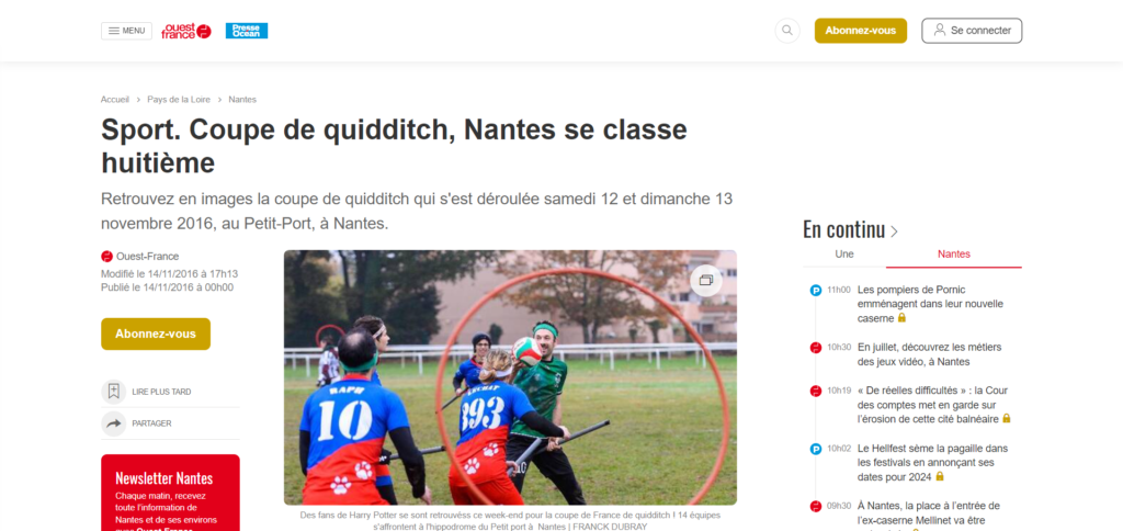 Sport. Coupe de quidditch, Nantes se classe huitième