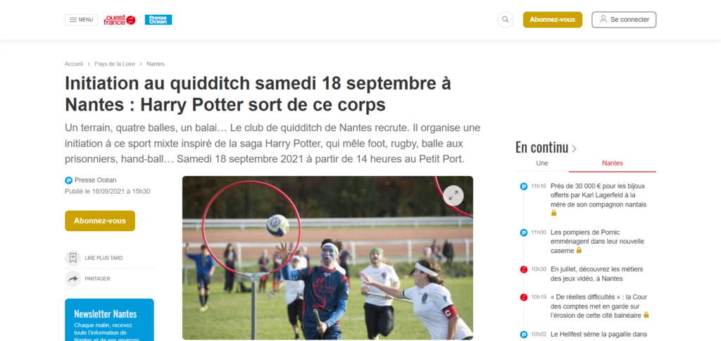 Initiation au quidditch samedi 18 septembre à Nantes : Harry Potter sort de ce corps